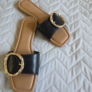 a new day Black Slide Sandals with Gold Buckle
